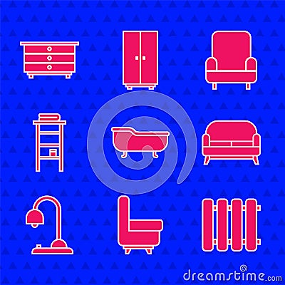 Set Bathtub, Armchair, Heating radiator, Sofa, Table lamp, Bathroom rack with shelves for towels, and Chest drawers icon Vector Illustration