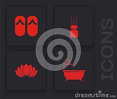 Set Bathtub, Flip flops, Aroma diffuser and Lotus flower icon. Vector Vector Illustration