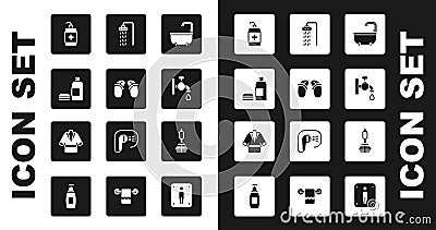 Set Bathtub, Flip flops, Bottle of shampoo, Hand sanitizer bottle, Water tap, Shower, Toilet brush and Bathrobe icon Vector Illustration