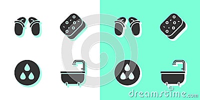 Set Bathtub, Flip flops, Water drop and Sponge icon. Vector Vector Illustration