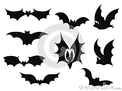 Set bats. Collection of bats. Flying bats. Halloween. Set of black silhouettes. Cartoon bats. Line art. Drawing by hand Vector Illustration