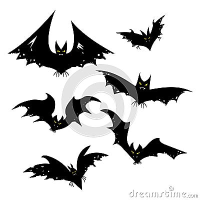 Set of bats for Halloween. Collection of black bats. Silhouettes of flying monsters. The bloodsuckers. Clip art for Vector Illustration
