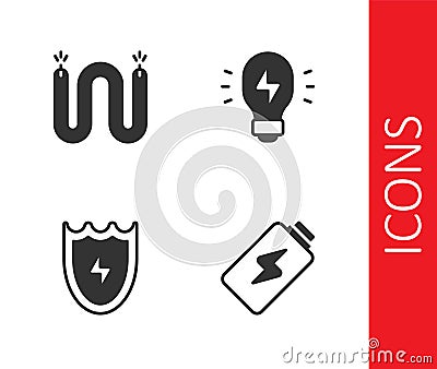 Set Battery charge, Electric cable, Lightning and shield and Creative lamp light idea icon. Vector Vector Illustration