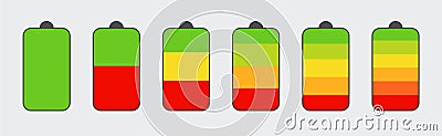 Set of battery charge level indicators. Vertical level indicator battery charge. Indicators concept Vector Illustration