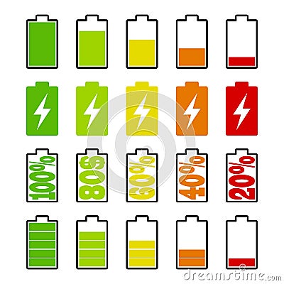 Set of battery charge level indicators on white background. Cell phone, smartphone electric charge, battery energy icons Vector Illustration