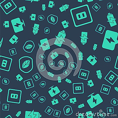 Set Battery, Electrical outlet, Shield with leaf and Lightning bolt on seamless pattern. Vector Vector Illustration