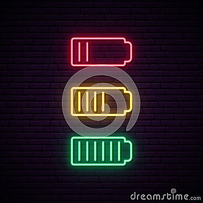 Set of battery neon icon. Charger glowing sign. Vector Illustration