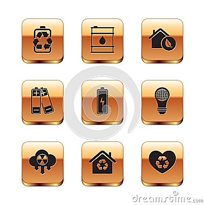 Set Battery with recycle, Acid rain and radioactive cloud, Eco House recycling, friendly house, heart and Oil barrel Vector Illustration