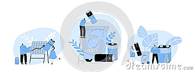 Set Battery Recycle. People Put Batteries Trash to Container, Disposal of Garbage, Clean Environment Illustration Vector Illustration