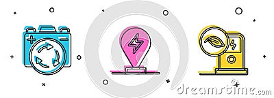 Set Battery with recycle symbol, Charging parking electric car and Electric charging station icon. Vector Vector Illustration