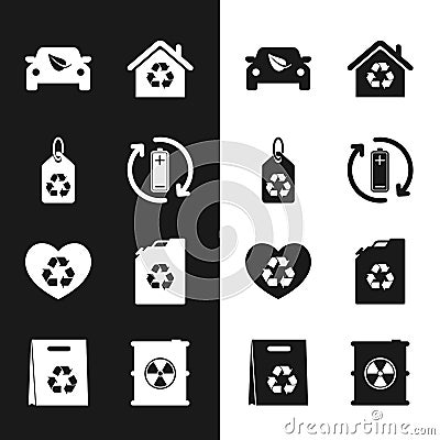Set Battery with recycle, Tag, Eco car drive leaf, House recycling, friendly heart, fuel canister, Radioactive waste Vector Illustration