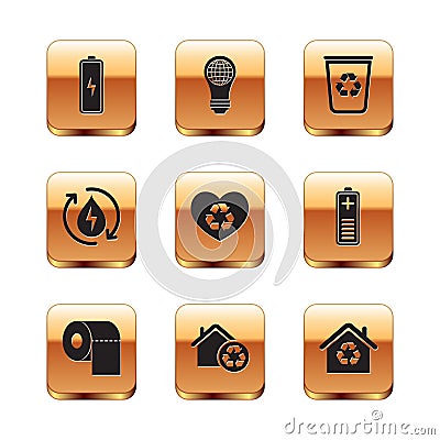 Set Battery, Toilet paper roll, Eco House with recycling, friendly heart, Recycle clean aqua, bin recycle, and Light Vector Illustration