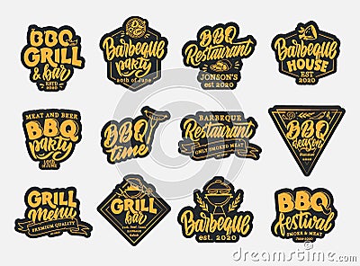 Set of BBQ stickers, patches. Color badges, emblems, stamps on white background isolated Cartoon Illustration