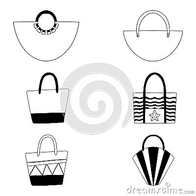 Set of beach bags in the style of Doodle illustration.Black and white image.The coloring of the handbags.Outline drawing by hand. Vector Illustration