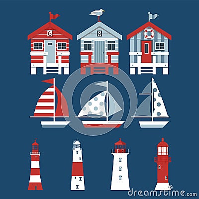 Set of beach huts, sail boats, lighthouses on blue background. Vector Illustration