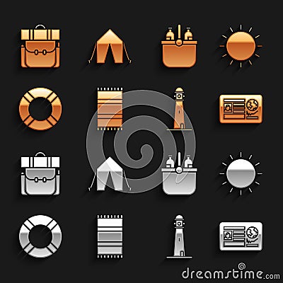 Set Beach towel, Sun, Passport with visa stamp, Lighthouse, Lifebuoy, Cooler bag and water, Hiking backpack and Tourist Vector Illustration
