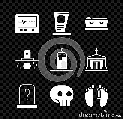 Set Beat dead in monitor, Grave with tombstone, Coffin, Skull, Dead body, coffin and Burning candle icon. Vector Vector Illustration