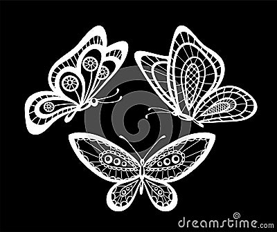 Set of beautiful black and white guipure lace butterflies . Vector Illustration