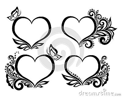 Set of beautiful black-and-white symbol of a heart with floral design and butterfly. Vector Illustration