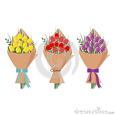 Set of beautiful bouquet of yellow, red, purple tulips in kraft paper packaging isolated on white background, Cartoon style flat Vector Illustration