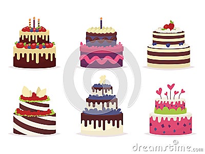 Set of beautiful cakes for birthdays, weddings, anniversaries an Cartoon Illustration