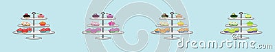 Set of beautiful cakes and cupcakes with stand decoration for party or birthday. design template with various models. vector Vector Illustration