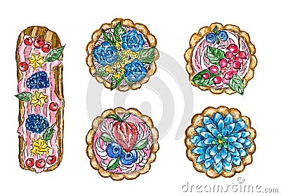 Set of beautiful cakes and eclairs with fruits and berries Cartoon Illustration