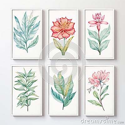 Set of beautiful canvases adorned with colored pastel flowers in elegant frames Stock Photo