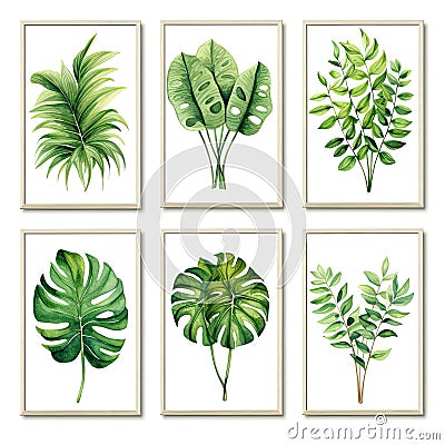 Set of beautiful canvases adorned with colored pastel leaves in elegant frames Stock Photo