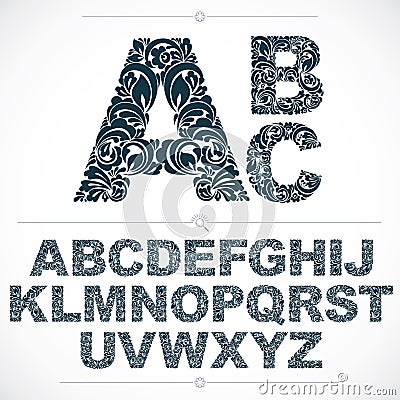 Set of beautiful capital letters decorated with herbal ornament. Vector Illustration