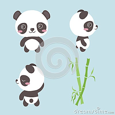 Set of beautiful character pandas on blue background. Vector illustration charming animals in different poses front and side view Vector Illustration