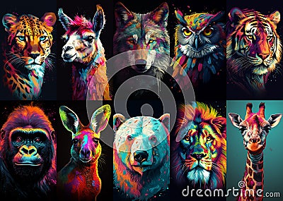 Set of beautiful closeup portraits with wild animals Stock Photo