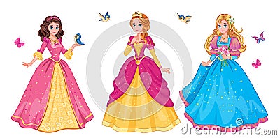 Set beautiful fairytale Elf princess on white background. Children`s illustration for print or sticker. Isolated illustration. Vector Illustration