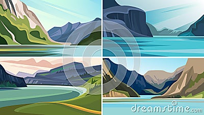 Set of beautiful fjord landscapes. Vector Illustration