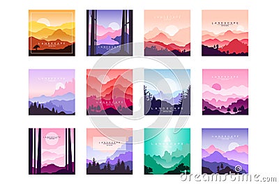 Set of beautiful flat cartoon landscapes with mountains, hills and forest. Natural theme. Vector collection of nature Vector Illustration