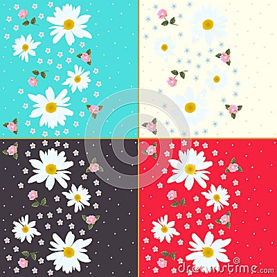 Set of beautiful floral patterns with daisies, roses and forget me not flowers. Vector Illustration