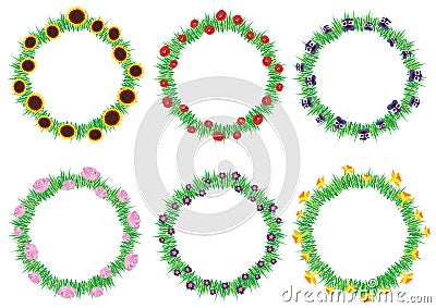 Set of colorful spring and summer flowers wreaths isolated on white background. Vector Illustration