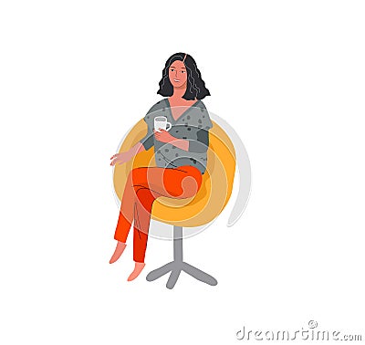 Set of beautiful girl in daily life scene. Young woman resting in armchair or ottoman and drinking coffee or wine . Flat Vector Illustration