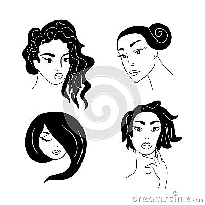 Set of beautiful girls faces logo.Silhouette. Cartoon Illustration