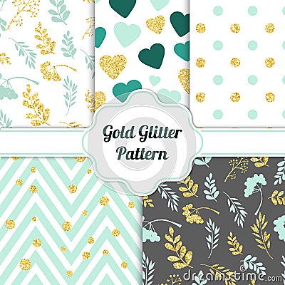 Set of beautiful golden glitter seamless patterns for different festive designs. Vector illustration Vector Illustration