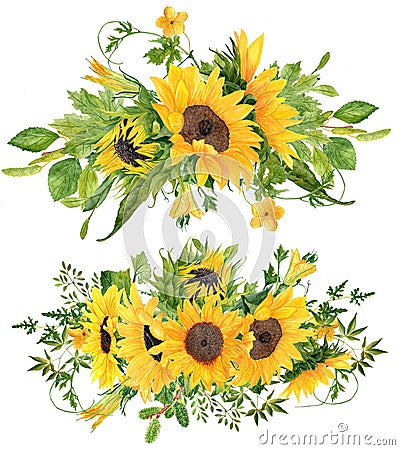 Set of 2 Beautiful hand painted watercolor sunflower bouquets Stock Photo