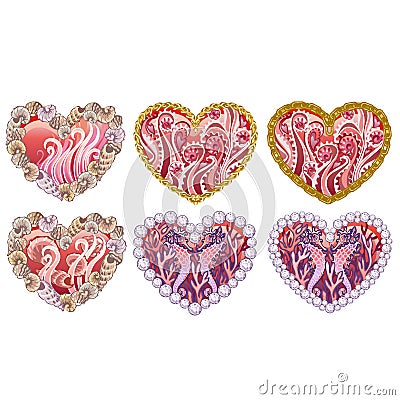 Set of beautiful hearts with ornament of sea inhabitants, shells, precious stones isolated on white background. Idea of Vector Illustration