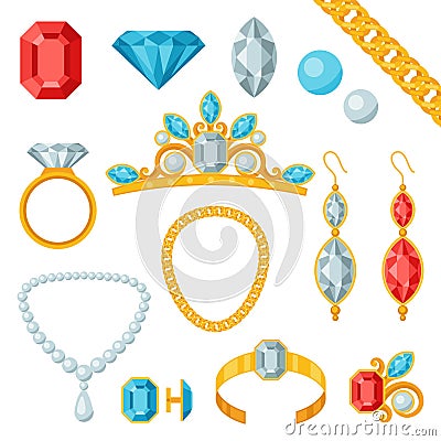 Set of beautiful jewelry and precious stones Vector Illustration