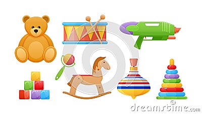 Set of beautiful logic developing colored children`s toys. Vector Illustration