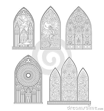 Set of beautiful medieval stained glass windows from French churches. Black and white drawing for coloring book. Gothic Vector Illustration