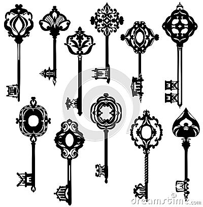Set of beautiful ornate vintage keys. Black and white. Vector Illustration