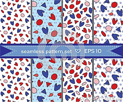 Set of beautiful romantic seamless patterns with hearts and geometric fugures. Vector Illustration