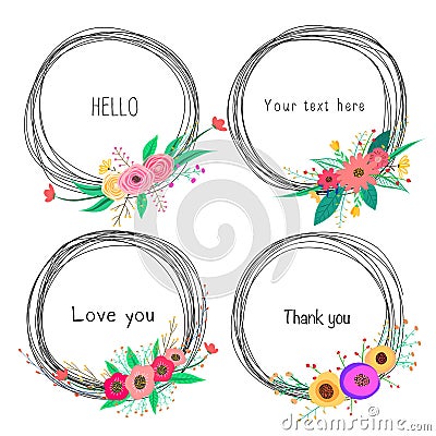 Set of beautiful round frames with flower for decoration. Decorative element for wedding card. Vector Illustration