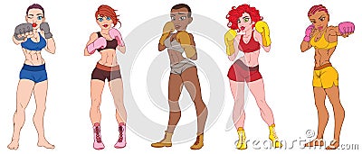 Set of beautiful sport girls in boxing gloves Vector Illustration