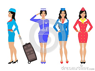 Set beautiful stewardess. Air hostess in uniform Vector Illustration